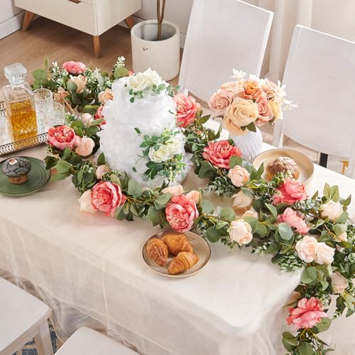PONKING Flower Garland Artificial Rose Vine Flowers Hanging Fake Roses Vines for Wedding Birthday Party Valentines Christmas Room Wall Arch Decor, 2 Off White & 1 Dark Pink Floral Garland Decorations