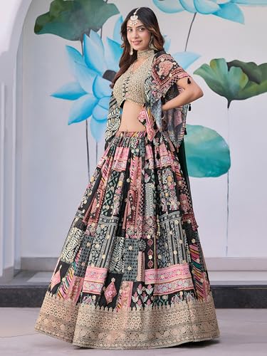 Image of Women's Digital Print With Zari Dori Embroidery Work Chinnon Silk Lehenga Choli With Dupatta (Women-Lehenga-Choli-New; Free size)