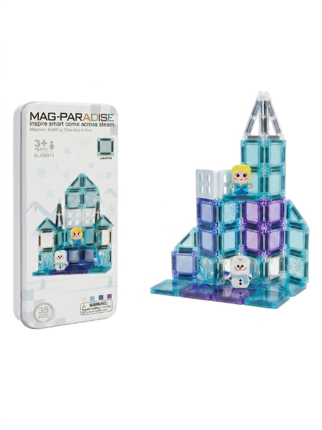 Goldling 35-Piece Mini Magnetic Tiles Travel Set - Magnetic Shapes For Kids Plane Activities for Kids Toddler Travel Toys Magnetic Cubes Mini Board Games Kids Travel Toys Travel Magnetic Tiles (Blue)