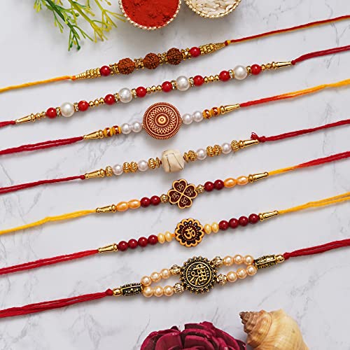 Image of eCraftIndia Set of 5 Blue & Golden Religious Designer Rakhis for Brother Bhabhi Bhaiya Bhai Kids