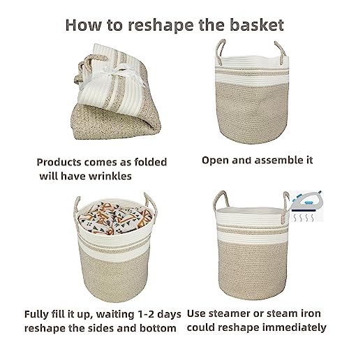 Image of XUANGUO Cotton Rope Laundry Basket Hamper for Clothes Large Brown and White | Baby Nursery Hamper Bin and Woven Storage Basket for Living Room Bedroom Boho Tall Rope Baskets Blankets Toys Pillows Towels