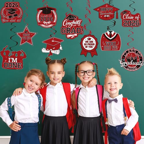 Image of Graduation Hanging Swirls Decorations, Red and Black Graduation Party Decorations, 30PCS Class of 2026 Streamers Ornaments for Classroom Ceiling Office High School College Congrats Grad Party Favors