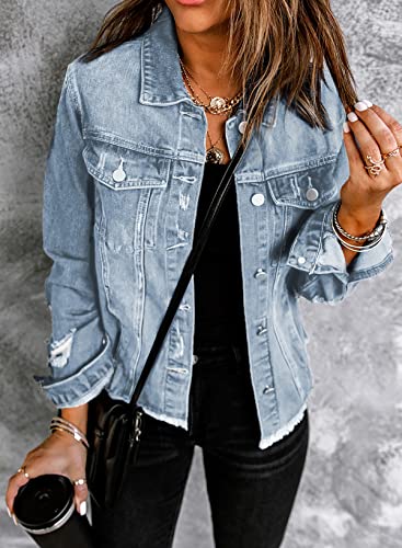 Sidefeel Women's Denim Jacket Long Sleeve Button Distressed Ripped Zimbaplatinum Jean Coat4