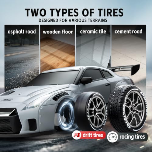 Image of RC Drift Car, Light Grey 1 /24 Remote Control Drift Car for Adults | 4WD 20KM /H High-Speed Widebody Design RC Sports Cars with LED Lights, Extra Tires, Vehicle for Boys Beginner Indoor Outdoor