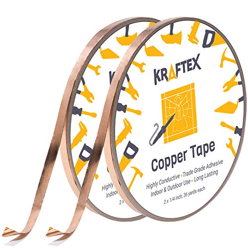 Koperen folie tape [2 grote rollen] (1/4inch X 36yd elk) 72 Yard Pack met geleidende lijm - gekleurd glas, solderen, elektrische reparatie, aarde, EMI afscherming - extra waardepakket - dikkere folie
