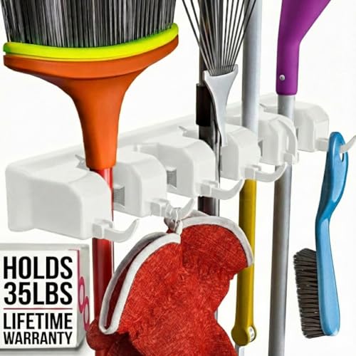Image of Broom Holder Wall Mount, Mop and Broom Organizer - Wall Mounted Broom Rack & Mop Rack, Rack for Brooms and Mops | Broom Hanger Wall Mount with 5 Slots & 6 Hooks, Kitchen Garage Laundry Garden (White)