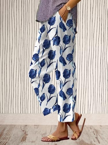 Womens Boho Floral Pants Straight Leg High Waist Trousers with Pockets Summer Casual Elastic Loose Pants for Beach4
