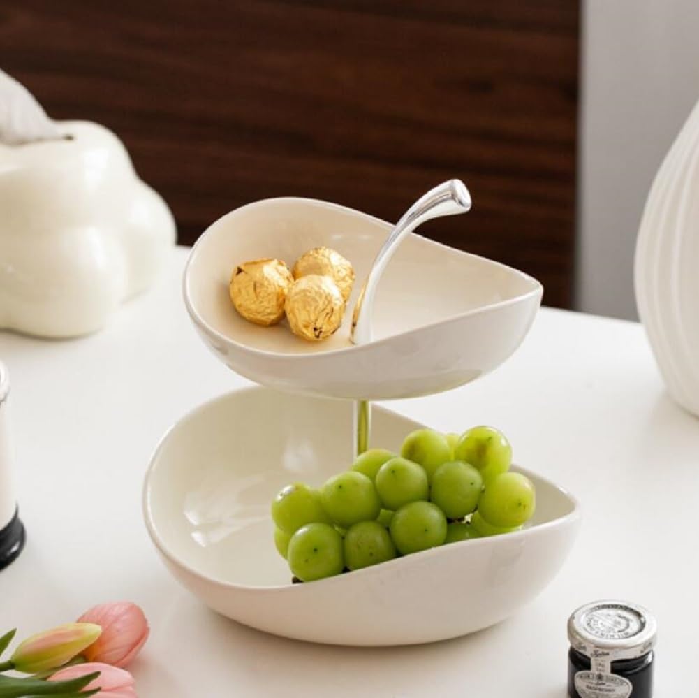 Cestino per Frutta in Ceramica A 2 Livelli Piano Cucina, Portafrutta con Supporto in Metallo,Fruttiera in 2 Ripiani Vassoio da Portata per Cibo, Verdure, Torte E Dessert per Feste,Bianca