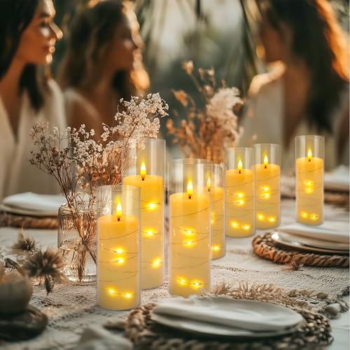 Image of 12-Pack Ivory Flameless LED Pillar Candles with Starry String Lights, Realistic Flickering Remote Control Candles with Timer, Safe Warm Glow for Bedroom Wedding Mantle Cozy Home Decor