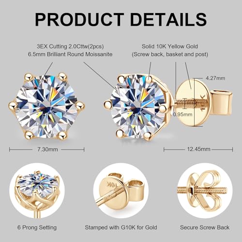 Moissanite Stud Earrings for Men, 10K Real Gold Earrings for Women, D Color VVS1 Round Cut 1CT/2CT Lab Created Solitaire Moissanite Earring Studs Solid Gold Screw Back, Jewelry Gift for Women Men2