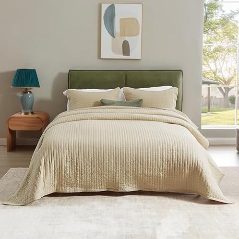PUREKEA Quilt Set Queen Size, Bedspread Quilted Bedding Set, Reversible Lightweight Coverlet Set for All Season, 3 Pieces (Beige, 1 Quilt, 2 Pillow Shams) Cover