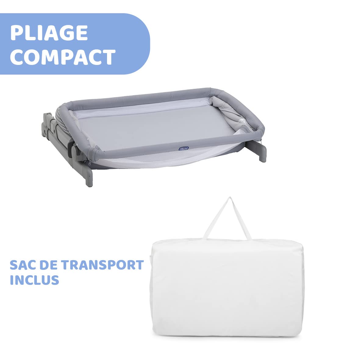 Chicco Next2Me Go Berceau Bébé Lit Latéral, Compatible avec Plusieurs Lits, Réglable en Hauteur, Bonne Circulation d’Air, Berceau de Voyage, Lit de Voyage, Pliable, Gris Clair