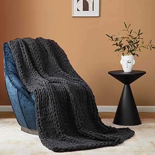 Bedfolks Chunky Knit Blanket Throw – Dark Grey Jumbo Chenille Yarn 100% Hand Knit, Soft and Fluffy Chenille for Couch, Sofa, Bed, Home Decor, 50″ x 60″