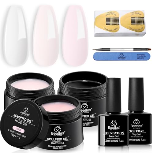 Beetles Builder Gel for Nails-10 in 1 30g *3 Colors Builder Nail Gel Kit Nail Extension Clear Nude Pink Hard Gel Sculpted Gel with Base Top Coat Nail Forms Nail Pen Nail Art Manicurist Gift for Women
