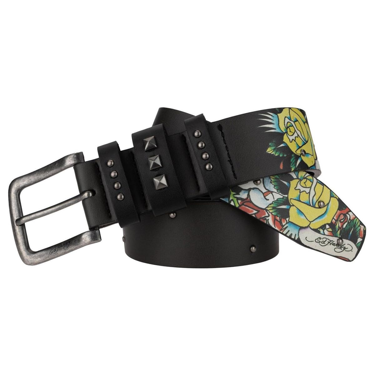 ED HARDY Men's 38mm Skulls & Roses Print Studded Belt, Black/Round Studs, 38