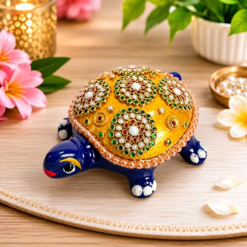 Image of eCraftIndia Handcrafted Decorative Turtle Showpiece for Home Decor | Traditional Stone & Pearl Work Tortoise Figurine | Vastu Feng Shui Tabletop Decorative Accent for Home & Office