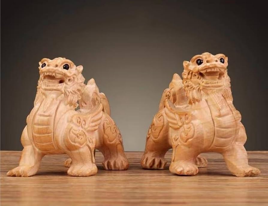 麒麟木製置物 2体セット 霊獣 人間関係 トラブル解消 幸運 Amazon.co.jp: 麒麟 置物 桃木麒麟 風水の麒麟 四霊獣 風水