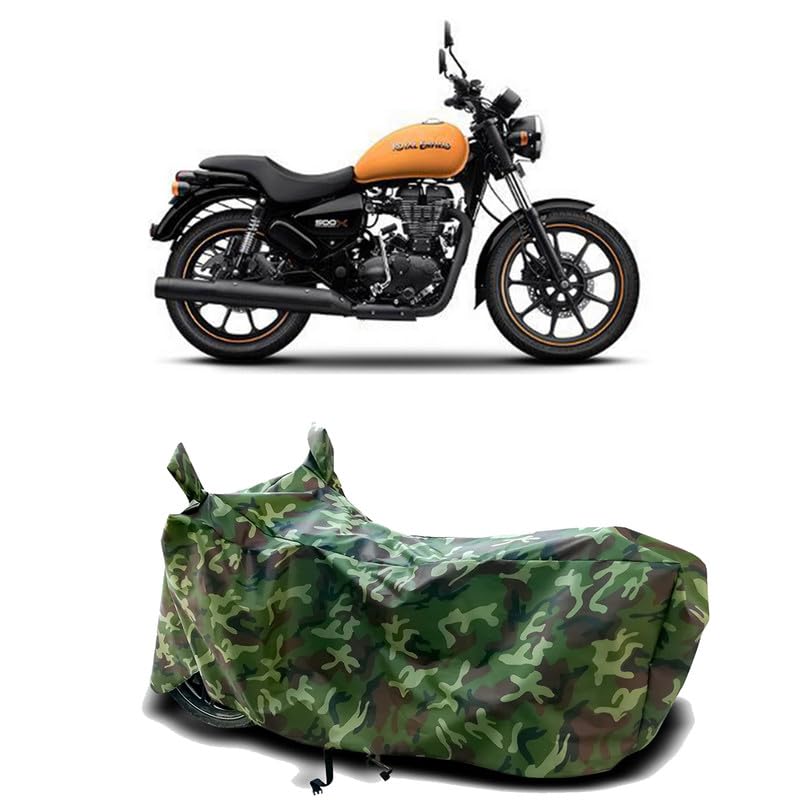 Image of DUFFEL-100% Heat Protection Two Wheeler Bike /Scooty Body Cover for Royal Enfie Thunderbird 500X BS6 Water Resistance /UV-Rays /Birds Dropping /Scratchproof /Dust Proof /Waterproof[Green Jungle Print]