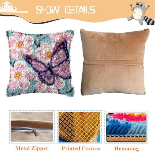 Image of EMISTEM Latch Hook Kits for Adults - Latch Hook Pillow Kits, Crochet Yarn Kit for Beginners, DIY Needlework Crafts Cover Case with Printed Canvas,(Butterfly in Flowers,17x17 inch)
