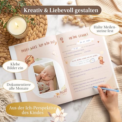 EULENTALER® Das Original Babytagebuch Boho I Von Pädagogen gestaltet I Mit süßen Waldtieren & stabilem Papier I Viel Platz für Fotos I Babyalbum Mein erstes Jahr – Geschenk zur Geburt & Babyparty 4
