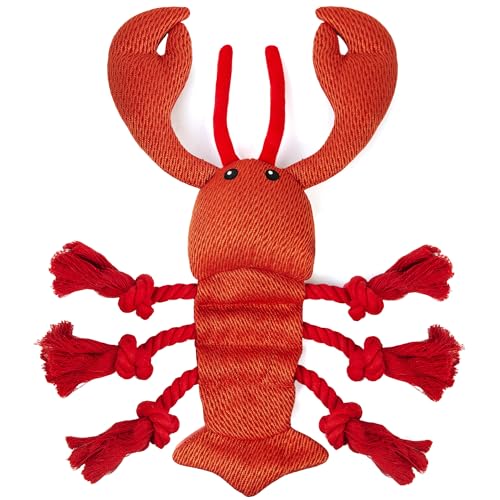 TwoEar Lobster Squeaky Dog Toys Plush Chew Toy with Tug Rope for Small Medium Large Dogs Interactive Stuffed Toys Indoor Outdoor Play