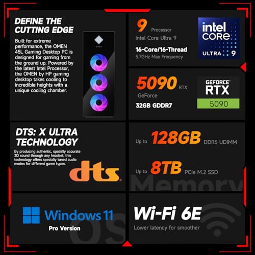 Image of HP OMEN 45L Gaming 5090 Desktop PC, Intel Core Ultra 9 285K, GeForce RTX 5090, 32GB DDR5, 1TB SSD, Support 4-Display 4K, Light Studio, HDMI, DP, Wi-Fi 6E, Windows 11 Pro, AI-Ready Workstation Desktop
