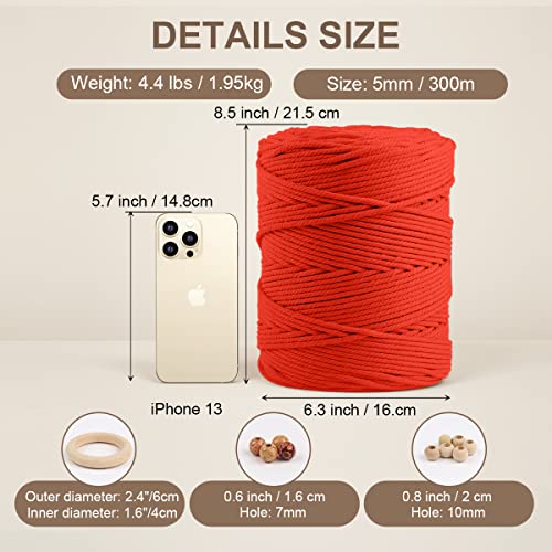 Image of ZUEXT Macrame Cord, Red, 5mm x 328yds Cotton String Macrame Yarn | Natural Handmade, 4 Strands Twisted Cotton Rope, for Craft Wall Hanging Weaving Tapestry Dream Catchers Hanger DIY Gift, 300m