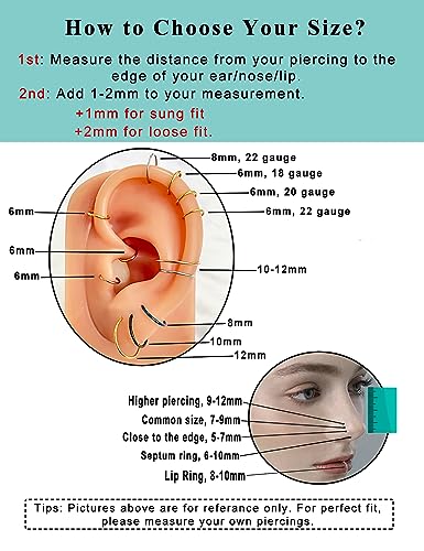 22G 20G 18G 6-12mm Gold Silver Rose Gold Black Blue Rainbow Small Hoop Earrings for Cartilage Nose, Piercing Hoop Ring Nose Rings Hoop Tragus Helix Daith Rook Snug Piercing Rings Set of 4 Set of 24