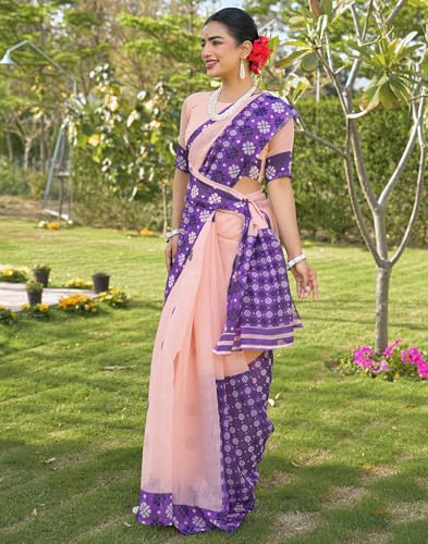 Image of SIRIL Women's Cotton Linen Mekhela Chador Printed Saree with Unstitched Blouse Piece