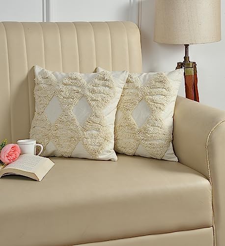 Image of TIB Premium Boho Decorative Throw Cushion Covers, 16 x 16 cm, Set of 2, Cotton. (Cream Diamonds)