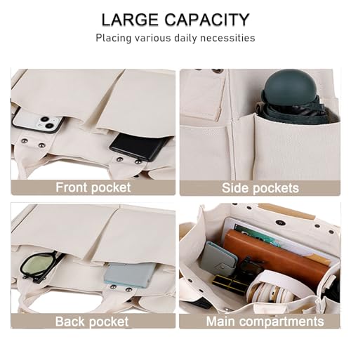 Image of Canvas Tote Bags for Women Large Shoulder Handbags Hobo Bags Multi-pockets Satchel Purse Casual Travel Work Bags (A Multi-pocket, White)