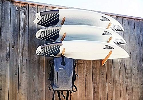 COR Surf Wooden Surfboard Wall Mount for Surf Boards, Snowboards, Skateboards, Kiteboards and Wakeboards, Triple Tier Surf Board Display Holder, Made of Sustainable Bamboo (24 x 4 x 4 Inches)