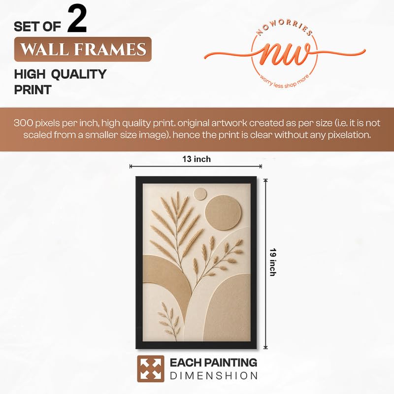 Image of NoWorries Minimal Botanical Wall Painting Set of 2 with Frame | Neutral Beige Fern Leaf & Pampas Grass Abstract Artwork, Soft Nature Wall Decor for Living Room, Bedroom, Office and Home Decoration (Art-16, 13x19inch)