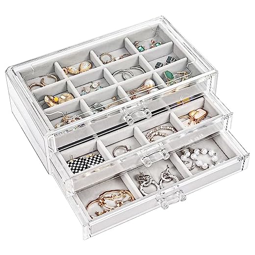 ProCase Acryl Schmuck Organizer Schmuckschatulle für Damen Durchsichtige Schmuckaufbewahrung Schmuckkästchen Schmuckbox mit 3 Schubladen für Ohrringe, Ringe, Armbänder -Grau