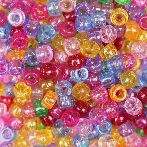 Glitter Pony Beads (1200 Pcs 6x9mm) Acrylic Pony Beads Bulk for Bracelets Necklace Jewelry Making DIY Ponytail Hair Beads DIY Bracelet Necklace Making Supplies