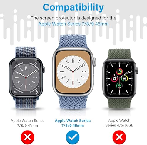 Image of Elecshion Apple Watch 45mm Screen Protector (Series 7 /8 /9) Pack of 2, HD Clear Screen Guard, Ultra-Thin Film, Scratch-Resistant, Bubble-Free Easy Installation Kit