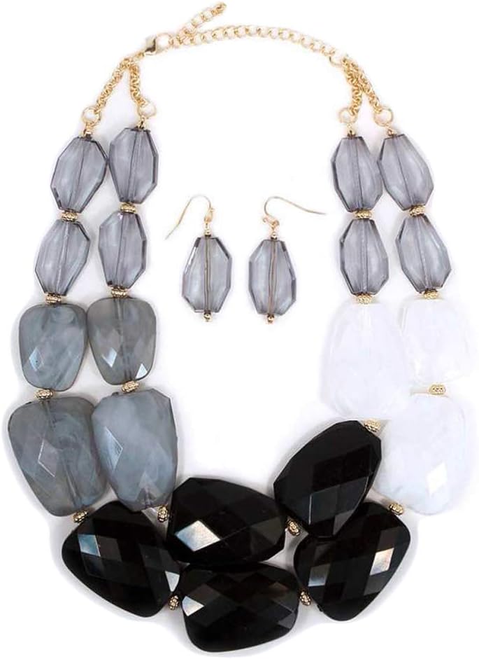 Fashion Jewelry ~ Black Gray White Chunky Resin Stone Statement Necklace and Earrings Set for Women Casual or Formal