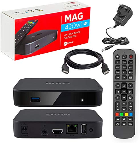 MAG 322 Original Infomir IPTV SET TOP BOX Reproductor multimedia Internet TV IP Receptor (HEVC H.256) sucesor de MAG 254 con cable HDMI y enchufe británico