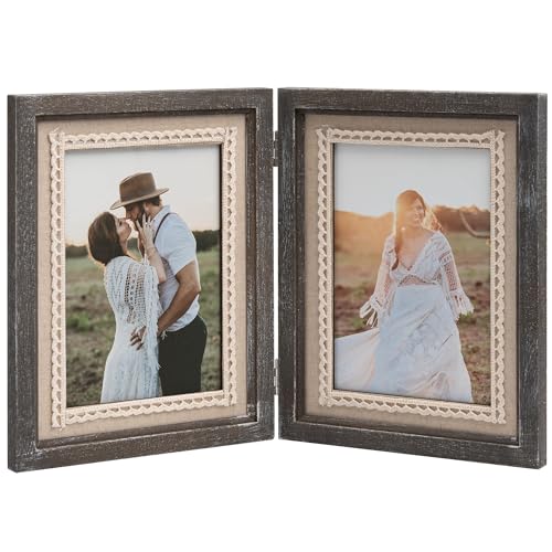 Afuly 5×7 Picture Frame Wooden Distressed Rustic Double Foldable Frames Collage Shabby Solid Wood Photo Frame for Farmhouse Home Decor Mother’s Day Wedding Birthday Gifts for Mom Grandma Couple