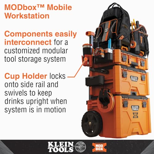 klein tools 54817mb modbox cup holder anti-spill self-leveling swivel modular tool storage system side mounting accessory easy one-handed attachment