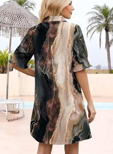 Image of Womens Summer Shirt Dress 2026 Casual Ruffle Short Sleeve Button Down Flowy Swing Shift Mini Dresses with Pockets