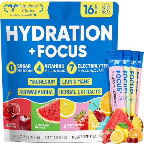 Venture Pal 2-in-1 Hydration Packets + Focus Support Electrolytes Powder 7 Electrolytes + Vitamins Magnesium Lions Mane & Ashwagandha | Sugar Free Liquid Daily IV Drink Mix Vegan Keto 16 Sticks
