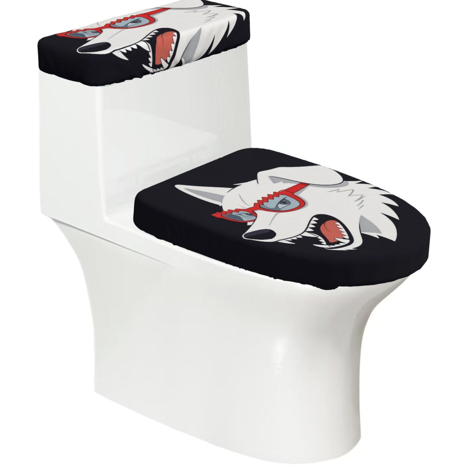 Wolf Sunglass Elastic Toilet Cover Set of 2-Stretchy Lid and Tank Covers for Bathroom, Soft Washable U Shape Toilet Decor