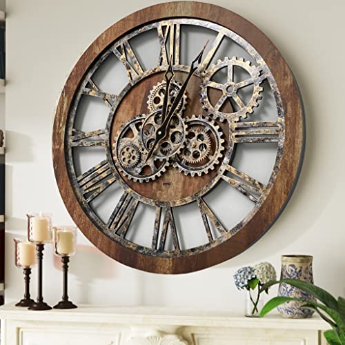 Improvinglife The Original Real Moving Gear Wall Clock Vintage Industrial Oversized Rustic Farmhouse (24 Inch (60Cm), Vintage Brown) #TOP1