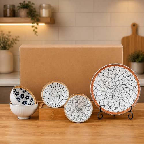Image of 6-Piece Ceramic Dinner Set, 2 Plates & 4 Bowls, Microwave Safe, Dishwasher Safe, Floral Dinnerware (Multicolor Floral, 2 Plate & 4 Bowl Set)