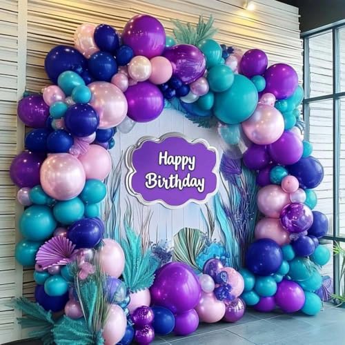 Image of Purple and Blue Balloons Teal Pink Balloon Garland Arch Kit for Birthday Baby Shower Mermaid Stitches Under The Sea Encanto Villain Ocean Luau Birthday Baby Shower Party Decorations