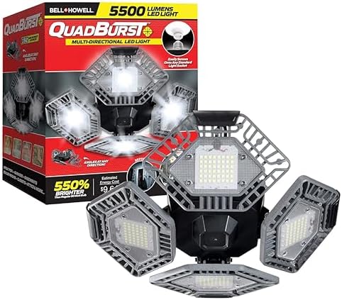 Bell+Howell QUADBURST LED Ceiling Light Bulbs 80W 5500 Lumens – 4 Aluminum Deformable Panels LED Shop Light Fixture for Indoor, Bedroom, Garage Lights, Home Improvement, E26 / E27 Socket (Gray)