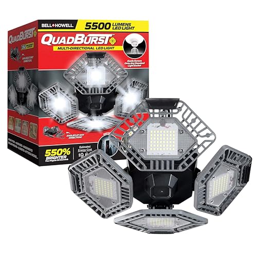 Bell+Howell QUADBURST LED Ceiling Light Bulbs 80W 5500 Lumens – 4 Aluminum Deformable Panels LED Shop Light Fixture for Indoor, Bedroom, Garage Lights, Home Improvement, E26 / E27 Socket (Gray) by Bell+Howell - Used condition - US$23.73