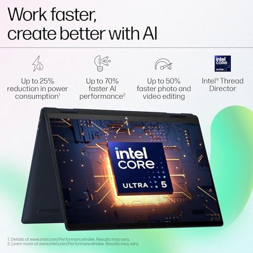 Image of HP Envy x360 AI Laptop, Intel Core Ultra 5 125U, 12 TOPS, 16GB LPDDR5, 512GB SSD, (Win11, Office24, Blue, 1.44 kg) Touchscreen, 3K, OLED, 14-inch (35.6cm), Integrated graphics, 5MP IR camera, fc0178TU