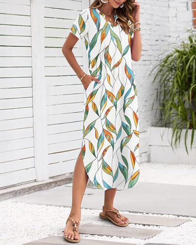 Image of MISFAY Women's Summer Maxi Dress 2026 Casual Short Sleeves V Neck Loose Sundress Split Long Beach T Shirt Dress